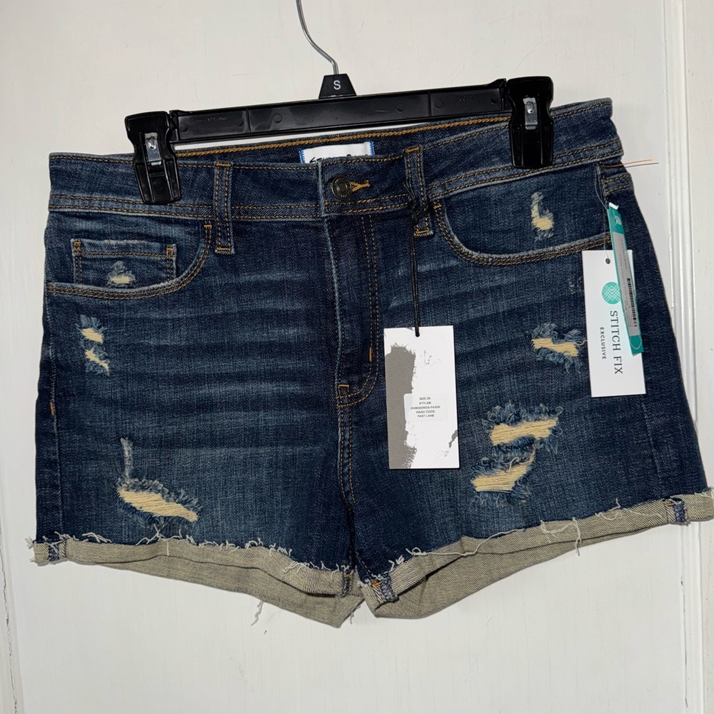 Dark Blue Distressed Jean Shorts with Frayed Hem